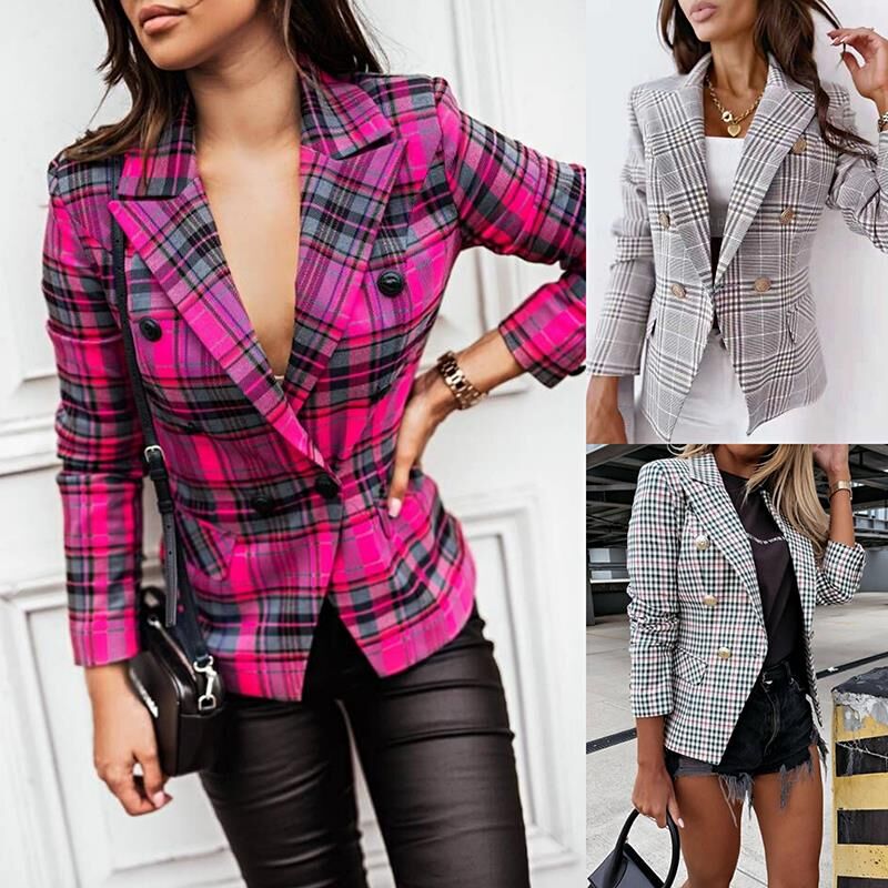 European and American 2021 Autumn and Winter New Style Amazon Aliexpress Plaid Slim-Fit Printed Blazer for Women