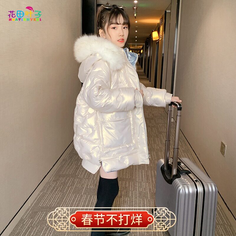 Girls' anti-seasonal down jacket mid-length 2021 new foreign style big boy bright face white duck down children's winter coat