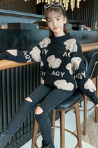 Girls sweater wear autumn and winter clothes 2021 new low collar pullover thick knit sweater loose foreign style round neck top