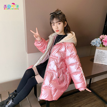 Girl anti-season light down jacket 2021 new foreign style bright face long childrens winter coat thick coat big child