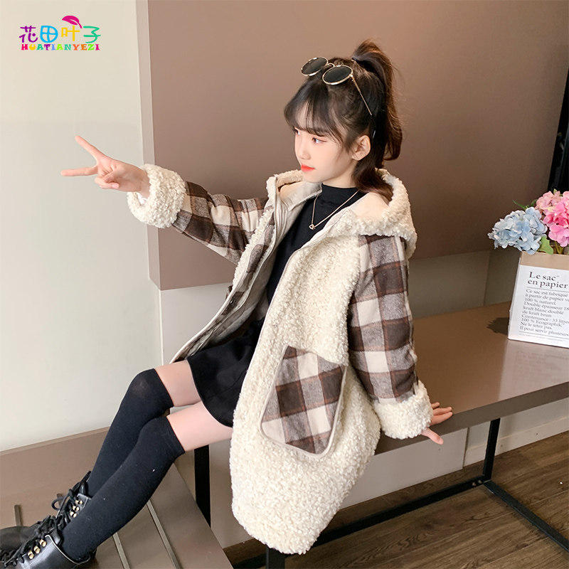 Girls' lamb coat 2021 new foreign style children plus velvet padded mid-length big child lamb velvet autumn and winter clothes