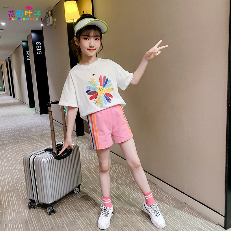 Girls short sleeve sports suit summer dress 2021 new big children sunflower T-shirt Contrast color stripe two-piece set