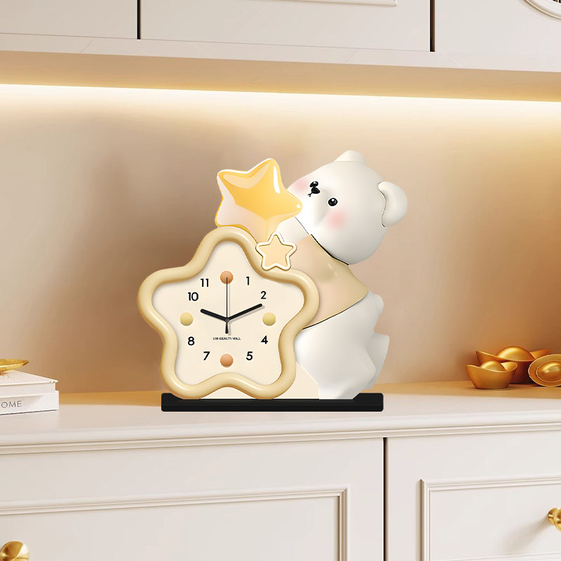 Cream-Style Living Room Decorative Clock, Modern Minimalist Dining Room Bear Art Clock, 2025 New Model, Punch-Free Table Clock