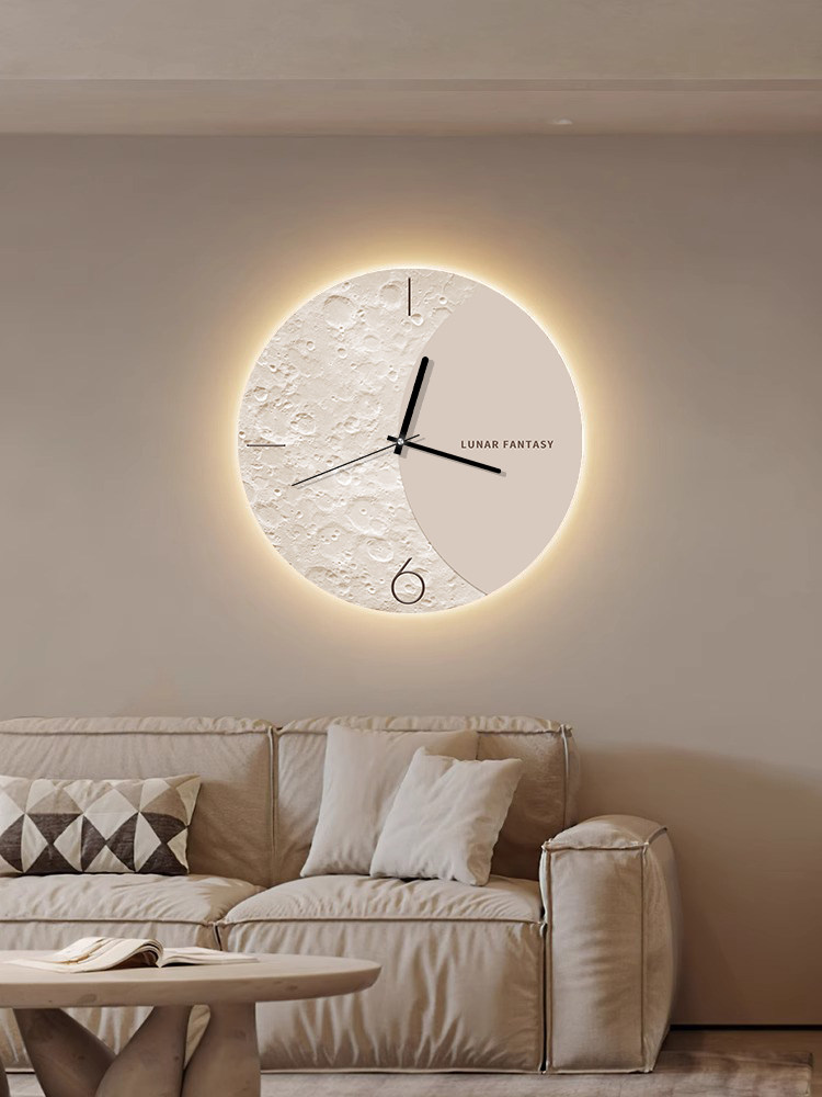 Cream-Style Moon-Themed Living Room Wall Clock 2024 New Creative Wall-Mounted Clock for Home, Dining Room, No-Drill Silent Clock