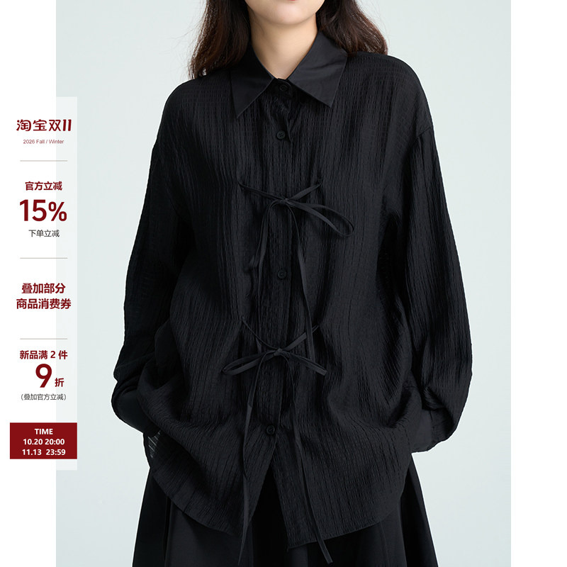 Land and Island Style Textured Fabric Tie Bow Blouse Women's Dark Black Long-Sleeve Thin Shirt Jacket