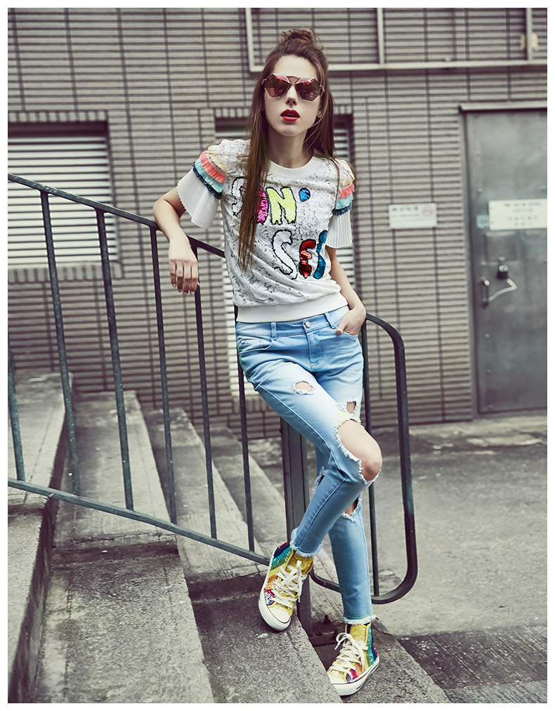 Mama 绨 2018 mùa hè mới thời trang sequins vòng cổ ngắn tay áo ren sexy hollow voan T-Shirt áo sơ mi nữ áo công sở nữ
