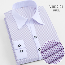 Spring white collar long sleeve shirt female V collar purple striped business professional dress shirt woman to work to work with inch fir