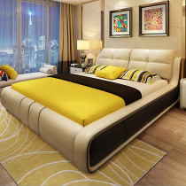 Leather bedside layer cowhide double modern minimalist master bedroom wedding bed soft bed Nordic tatami leather bed furniture