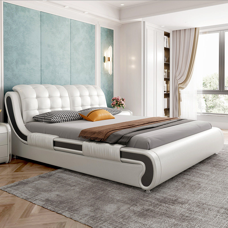 Leather bed head layer cowhide double modern minimalist wedding bed soft bed master bedroom Nordic tatami leather bed furniture