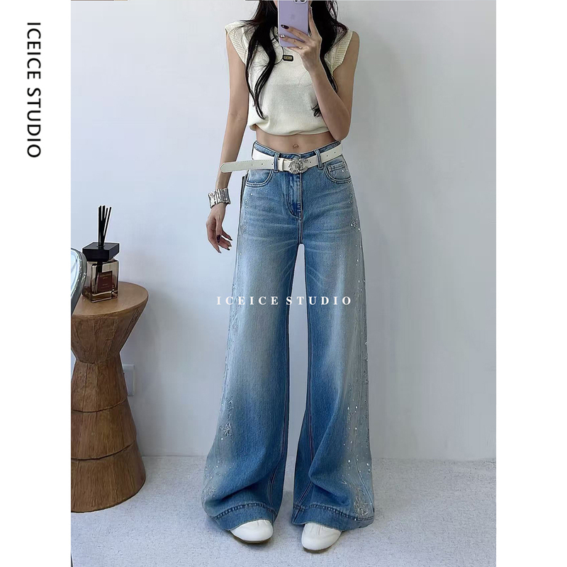 European-Style Heavy-Duty Side-Studded Wide-Leg Jeans for Women, New Spring Fashion, Stylish and Slimming Butterfly Straight-Leg Floor-Length Pants
