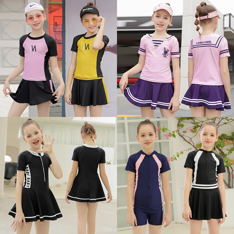 Children's swimsuit one-piece boxer short skirt training two-piece princess skirt girl middle and big children's short-sleeved split swimsuit