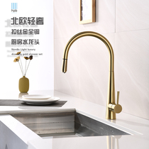 Hanpai all-copper kitchen faucet Hot and cold wash basin sink 360 degree rotating pull-out telescopic gold faucet