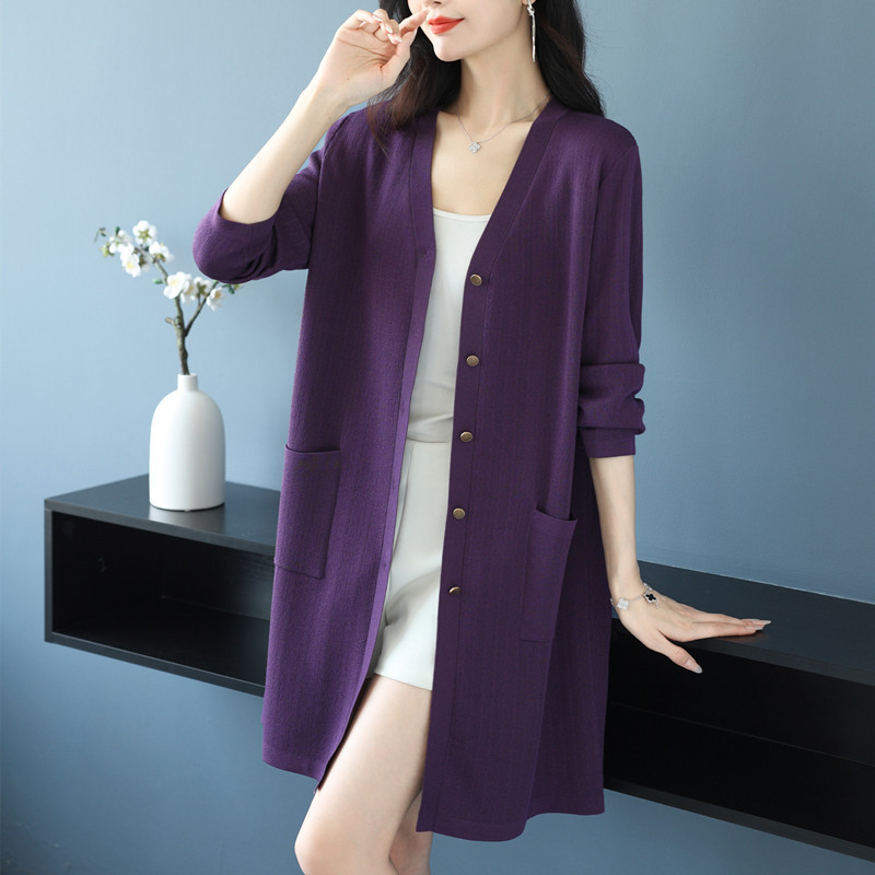 Middle-Aged Mother's Spring and Autumn Silk Knit Cardigan, Mid-Length, Loose Fit, Plus Size, Thin Ice Silk Jacket