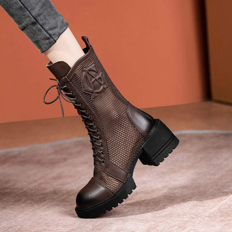 2024 Spring/Summer New Genuine Leather Mesh Boots British Retro Sandals Mesh Martin Boots Lace-Up Large Size Short Boots Women's Sandals
