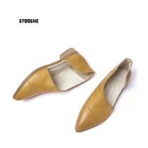 Clear Cabin Broken Code 198 Comfort Pointed Flat Bottom Shoe Side Open Deep Mouth Single Shoe Bicolor Oil Wax Leather Low Heel Women Shoes