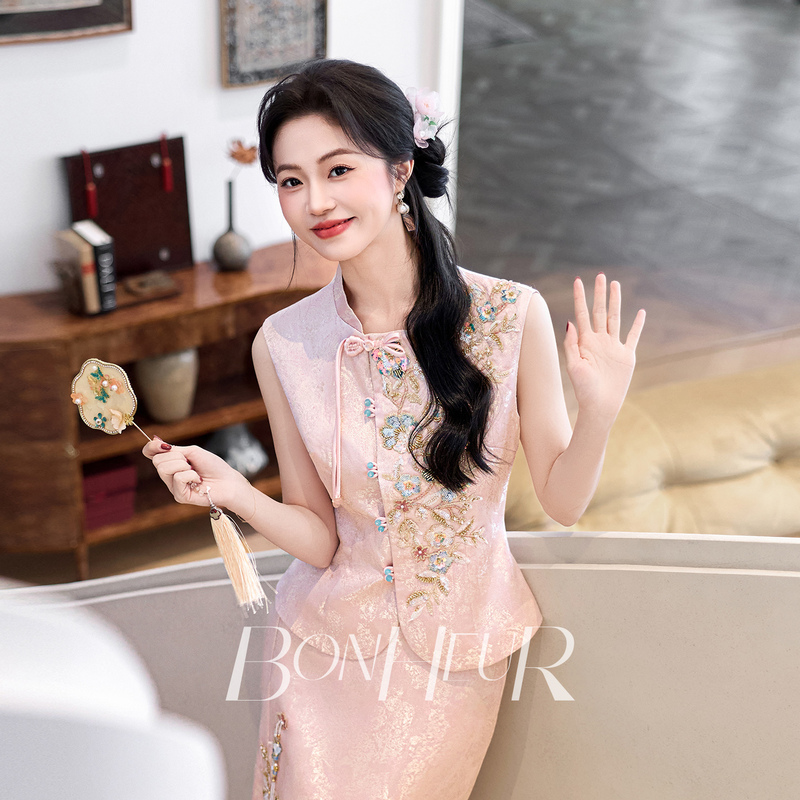 Bonheur Engagement Dress "Jingwen" Pink Cheongsam Toast Dress Bride's Certificate Wedding High-End New Chinese Style