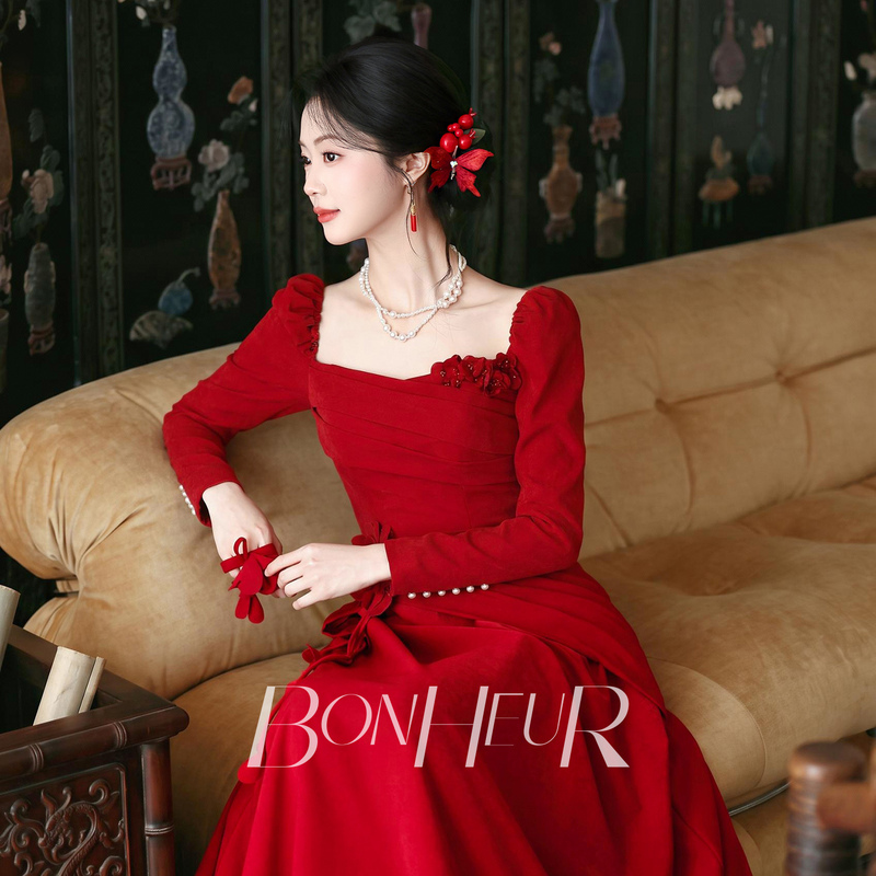 Bonheur Engagement Dress'Li Mu' Red Winter Long-Sleeved Bridal Wedding Toast Dress Off-Shoulder Bonheur Engagement Dress'Li Mu' Red Winter Long-Sleeved Bridal Wedding Toast Dress Off-Shoulder
