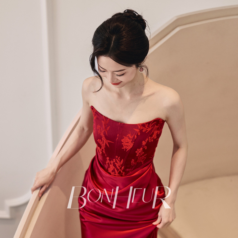 Bonheur Original Engagement Dress "Hongshanmei" Stunning Bride Red Strapless Toast Dress Evening Dress for Women