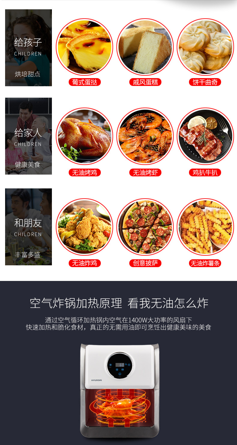 韩国 现代 多功能空气炸锅 带有低温烘干和解冻功能 3L 图5