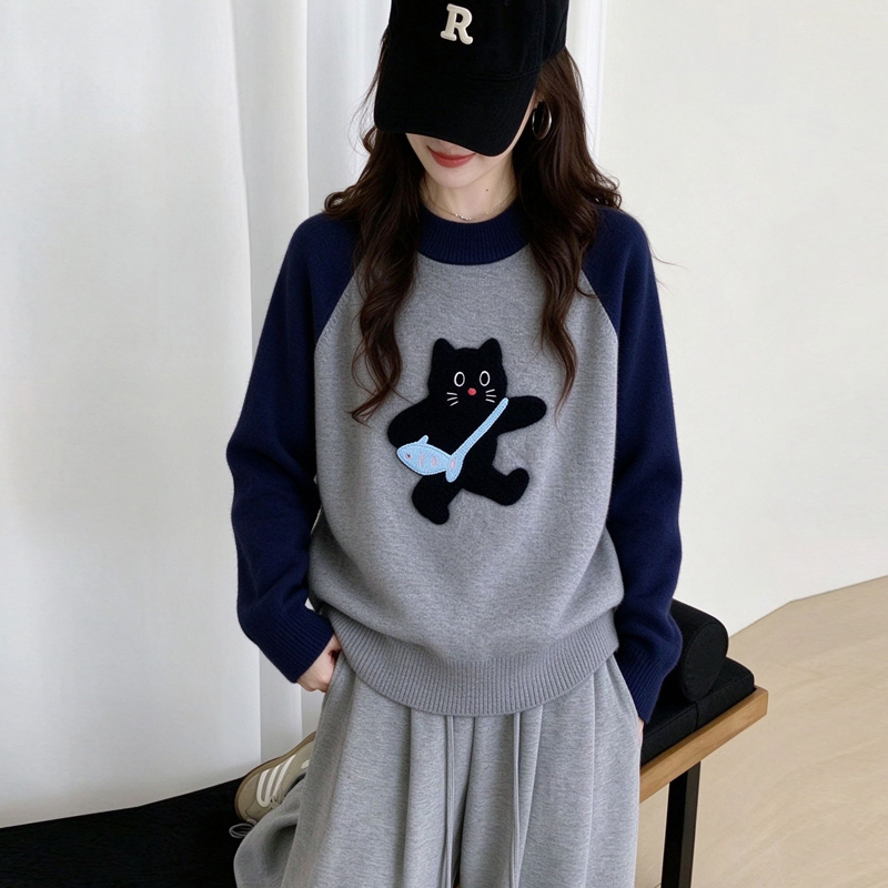 Cute Cartoon Kitten Half-Turtleneck Sweater for Older Children, Girls' Junior High School Students' Raglan Sleeve Knitwear, Student Inner Layer Base Shirt