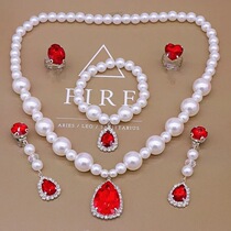 Childrens Necklace Bracelet Set Ear Clip Ring Rhinestone Gemstone Imitation Pearl Toy Little Girl Jewelry Birthday Gift