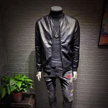 Leather mens casual jacket Spring and Autumn slim Korean version of the trend of youth handsome Parker motorcycle jacket Mens clothing