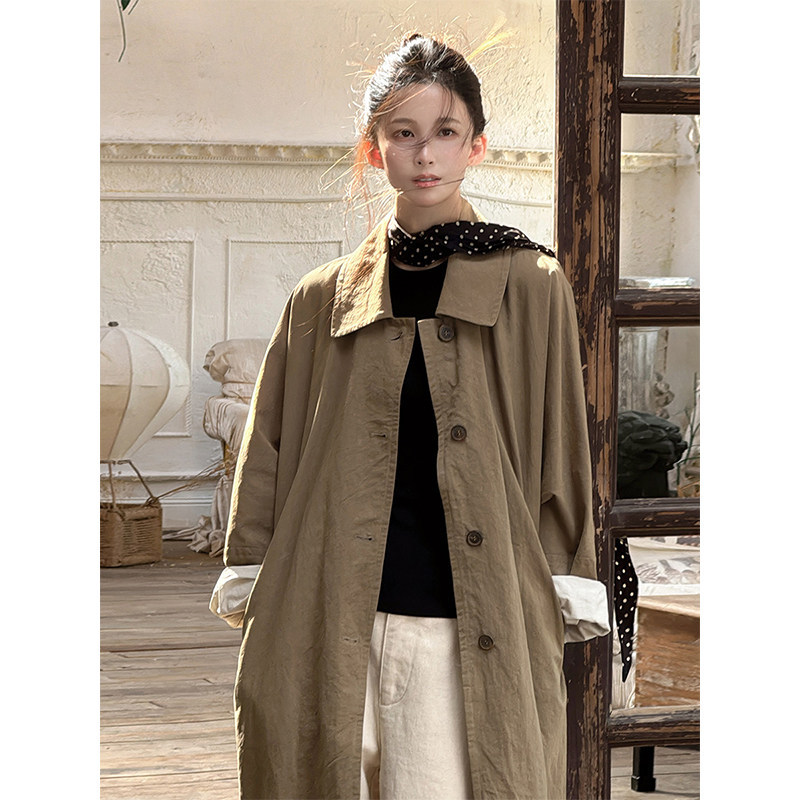 2026 Autumn Khaki Lapel Mid-Length Linen Trench Coat for Women, Relaxed Old Money Style Oversized Coat