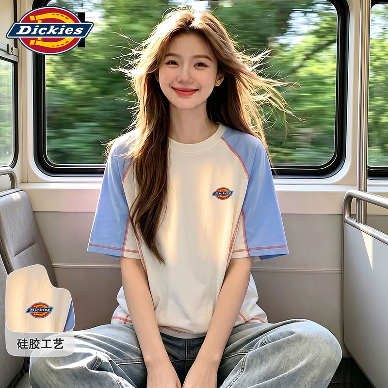 Dickies Official Authentic American-Style Color-Blocked Raglan Top with Visible Stitching, Versatile Loose-Fit Printed Crew Neck Short-Sleeve T-Shirt for Women in Summer Dickies Official Authentic American-Style Color-Blocked Raglan Top with Visible Stitching, Versatile Loose-Fit Printed Crew Neck Short-Sleeve T-Shirt for Women in Summer