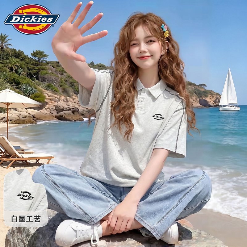 Dickies Old Money Style American Retro Classic Lapel Solid Color Cool Casual Loose T-Shirt Short-Sleeved Polo Shirt for Women