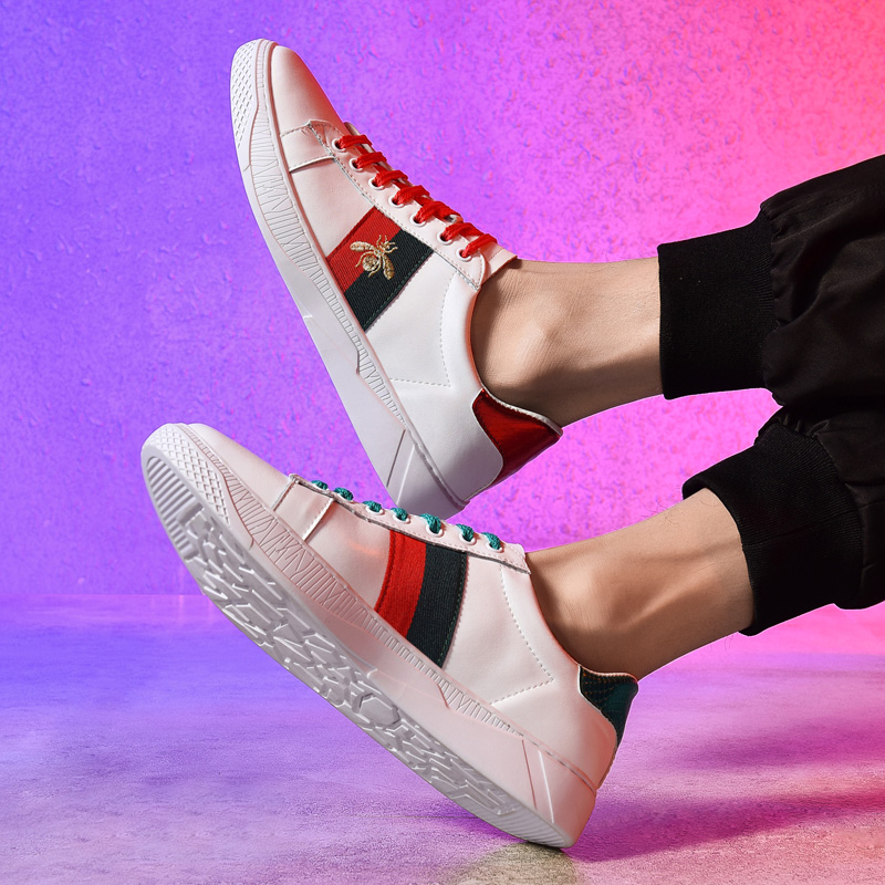 Men Shoes Spring Breathable Little Honeybee Small White Shoes Genuine Leather 100 Hitch White Board Shoes Cucci Men Shoes Casual White Shoes