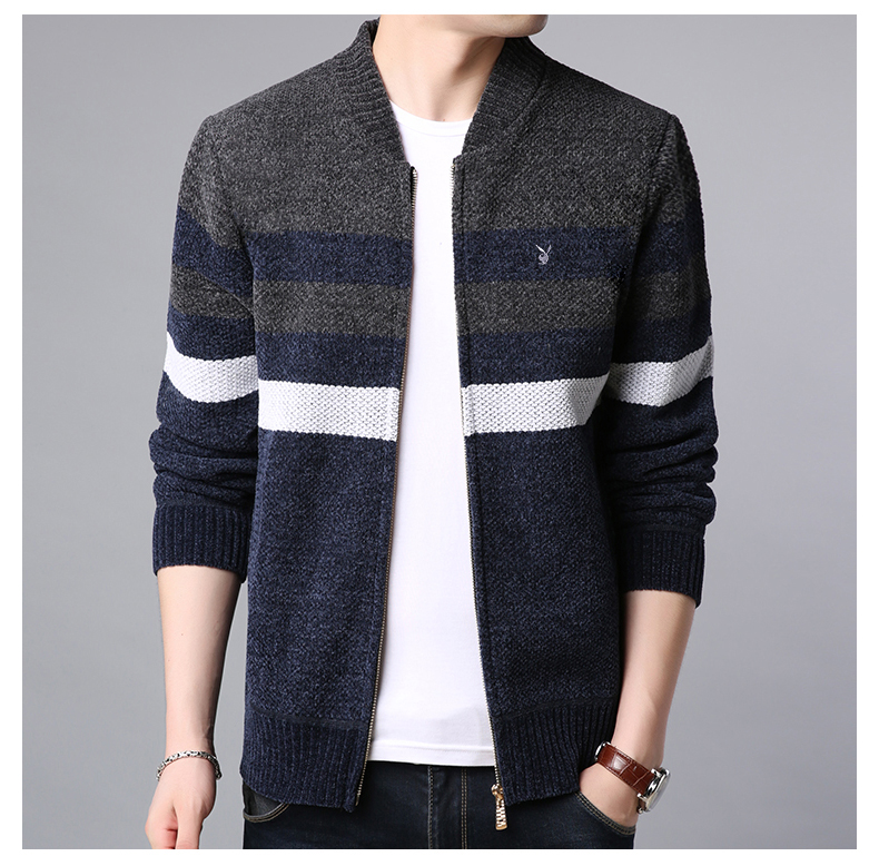 Playboy thu đông mới cộng với áo len nhung nam xu hướng đứng cổ áo cardigan dày phần áo len ấm áp nam áo khoác nam hàn quốc