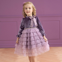 Girl Gold Velvet Long Sleeve Princess Dress Children Spring dress Dress Foreign Piste Woman Treasure Autumn Butterfly Knot Purple Cake Skirt
