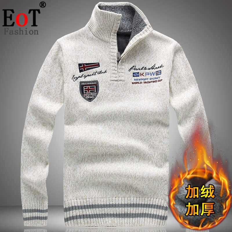 Autumn and Winter Fleece-Lined Thick Sweater Men's Coat Loose Large Size Half Turtleneck Warm Knitwear Stand Collar Embroidered Sweater