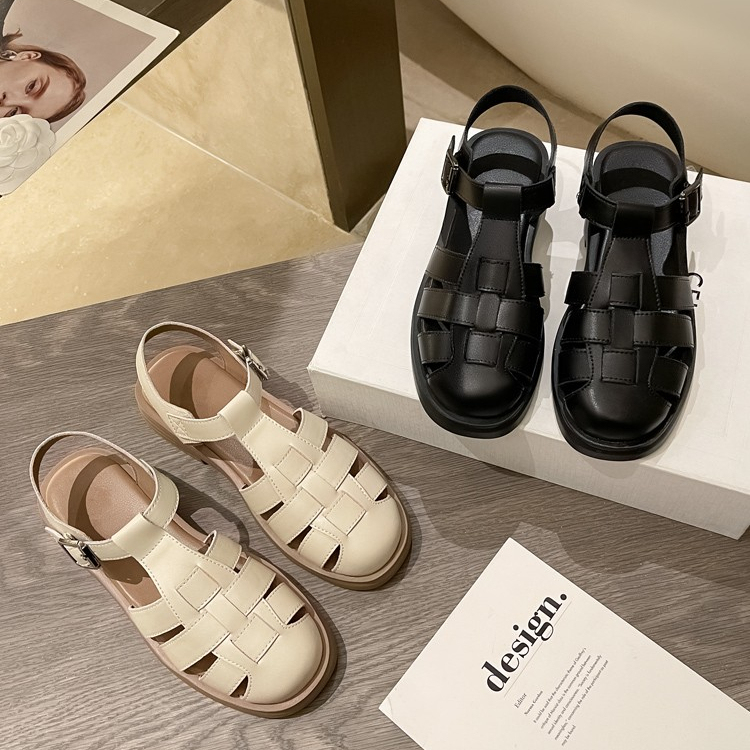 Genuine Leather Roman Sandals for Women, 2025 Summer New Style, Thick-Soled Clogs, Versatile Retro Closed-Toe Woven Pig Cage Shoes Genuine Leather Roman Sandals for Women, 2025 Summer New Style, Thick-Soled Clogs, Versatile Retro Closed-Toe Woven Pig Cage Shoes