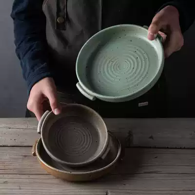 Japanese style rough pottery plate hotel tableware ceramic binaural fish plate retro household plate sashimi plate soup plate salad bowl