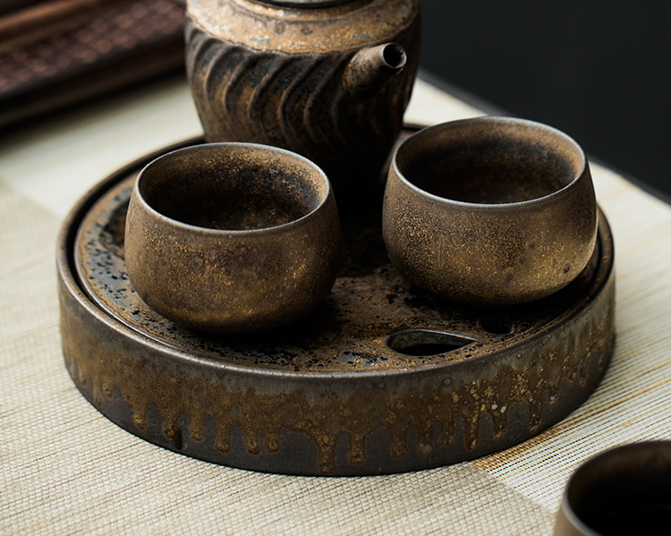 Japanese coarse pottery checking retro ceramic water dry ground plate office tea zen ink tea tea pot bearing