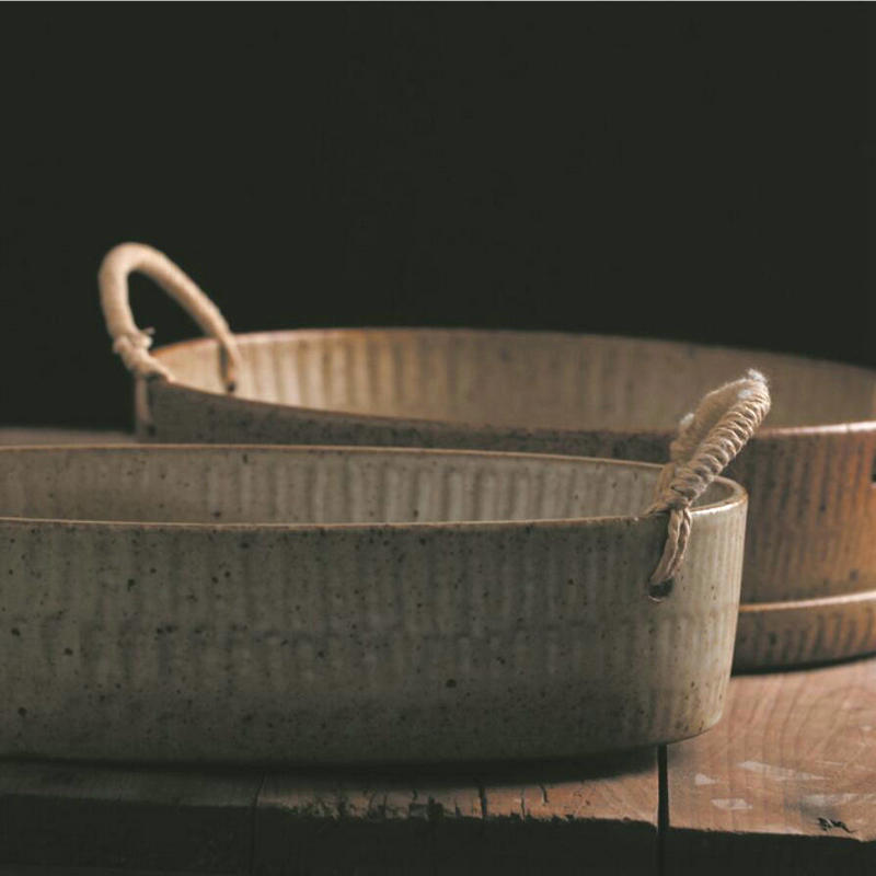 Japanese style restoring ancient ways of coarse pottery hemp rope deep dish fruit bowl artificial oval fruit plate ceramic tableware soup basin portable fish plate