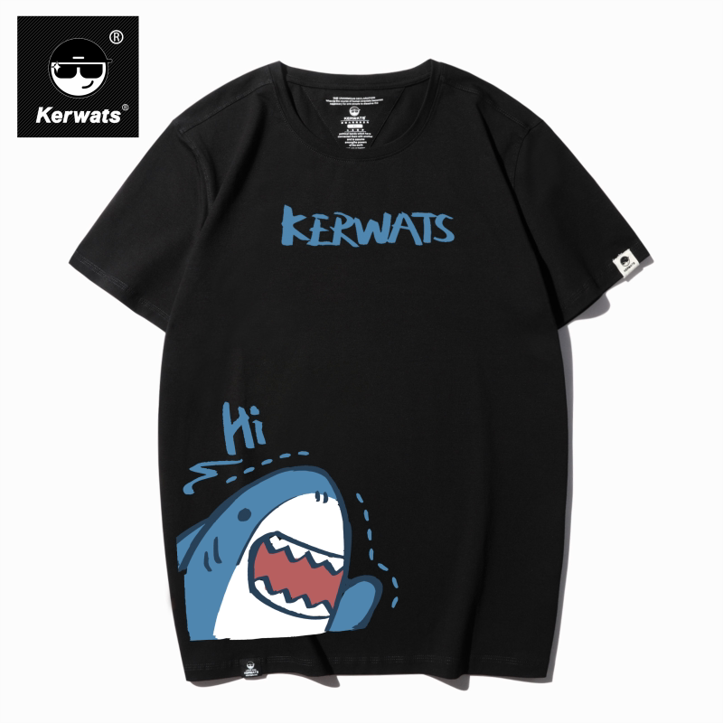 Kerwats Brand Large Size Unisex Cartoon Shark Print Summer Short-Sleeved T-Shirt for Men and Women Couples