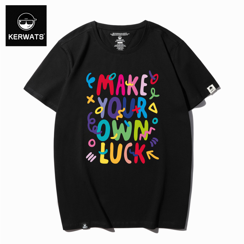Kerwats Youth European and American Style Colorful English Trendy Brand Printed Lycra Cotton T-Shirt Large Size Unisex Short-Sleeved Men's