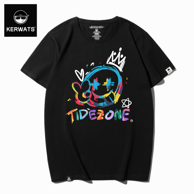 Kerwats Youth Graffiti Colorful Smiley Face Print Casual T-Shirt Short Sleeve Trendy Plus Size T-Shirt Men's Half Sleeve