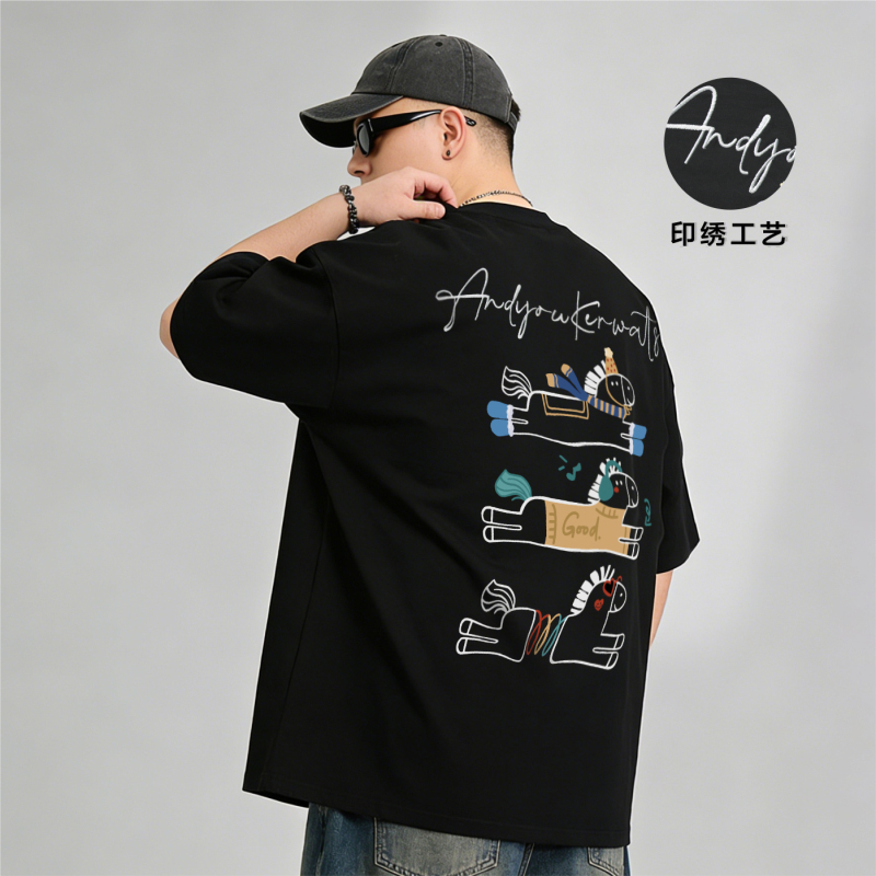 Kerwats Brand Large Size Pony English Print Embroidered Horse Year Unisex Drop Shoulder Short Sleeve T-Shirt Kerwats Brand Large Size Pony English Print Embroidered Horse Year Unisex Drop Shoulder Short Sleeve T-Shirt