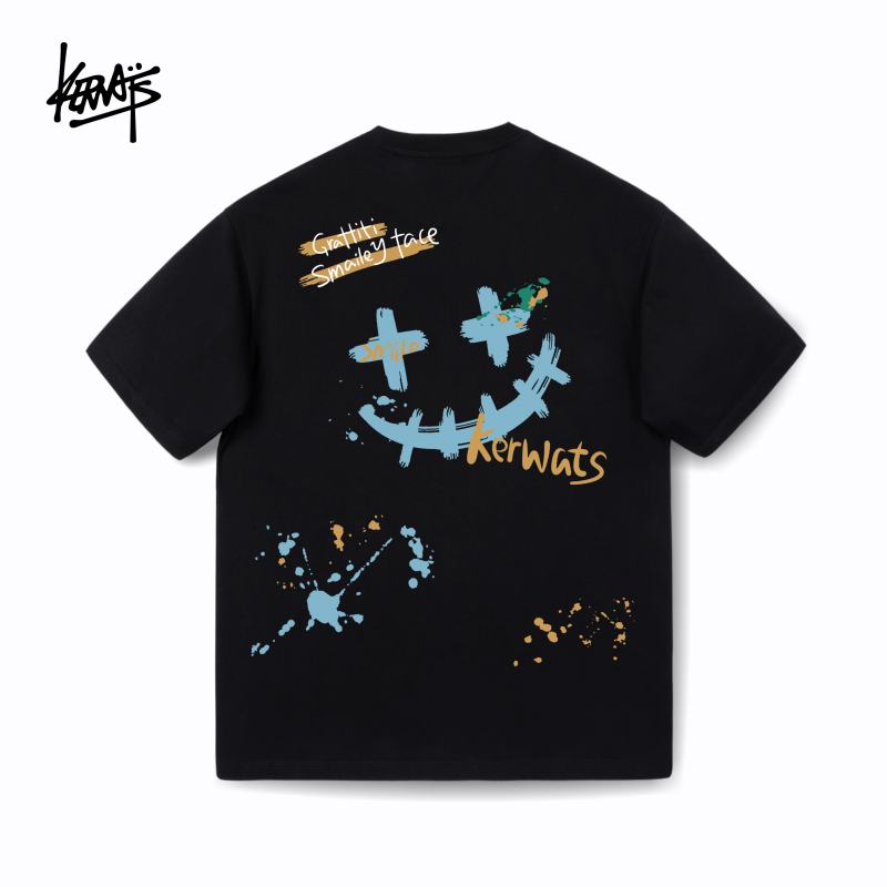 KERWATS プラスサイズ ユニセックス グラフィティスマイリープリント ドロップショルダー 半袖Tシャツ