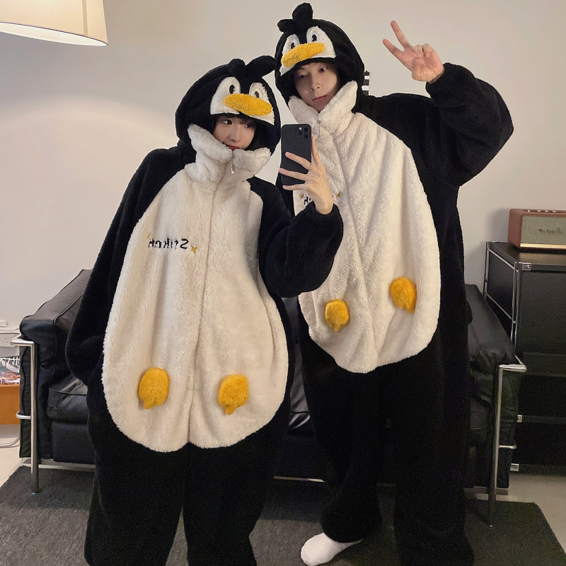 Couple's Winter Coral Fleece One-Piece Pajamas, Men's Thickened 2026 New Style Home Wear, Cute Penguin Women's Winter Style