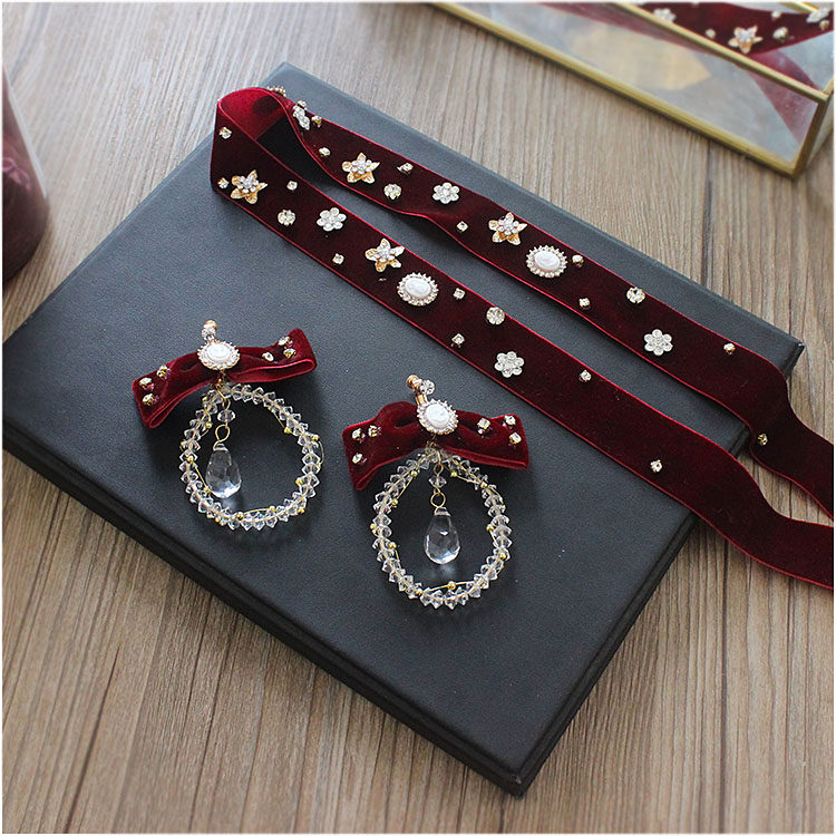 Bride headdress Korean red toast clothes hair cloth with crystal butterfly-tied earring dress accessories
