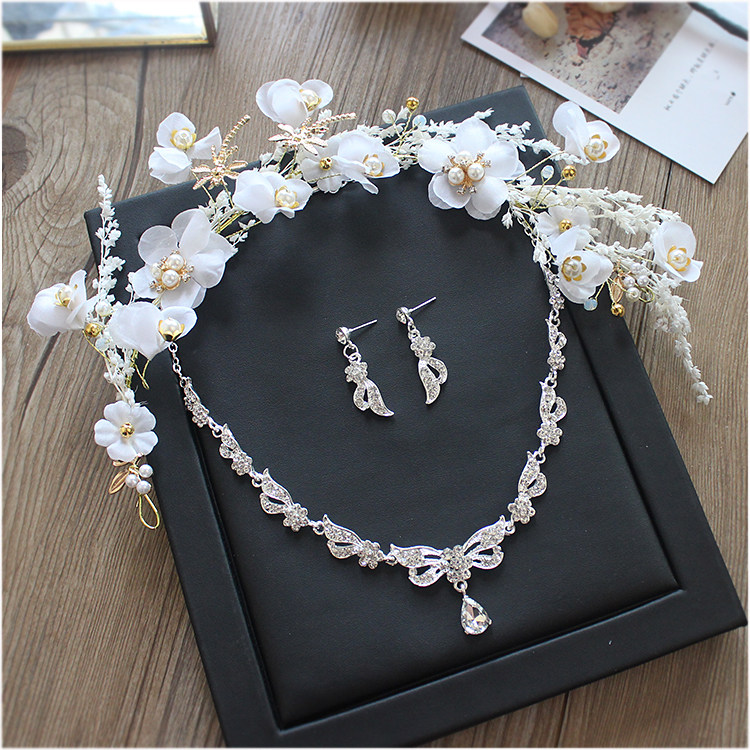 2018 new bridal headdress three-piece set super fairy headdress necklace set wedding accessories Korean wedding jewelry