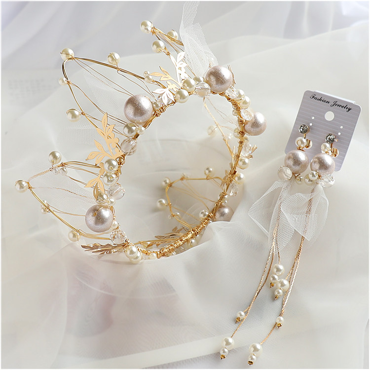 Beautiful lilac pearl round crown Korean bride handmade beaded mesh crown Wedding birthday photo accessories