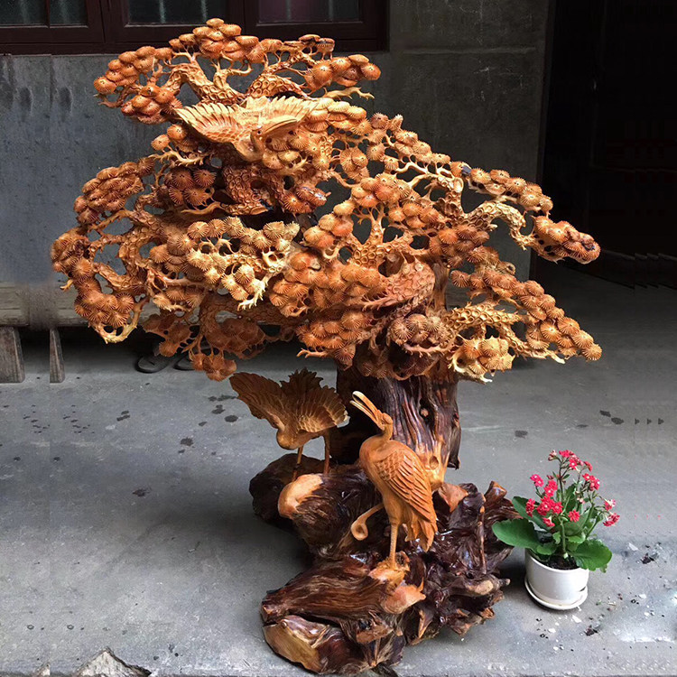 Taihang Cliff Cypress root carving ornaments aged material Pine crane extended year backflow fragrant landscape water flower bird frame wood carving living room handicrafts