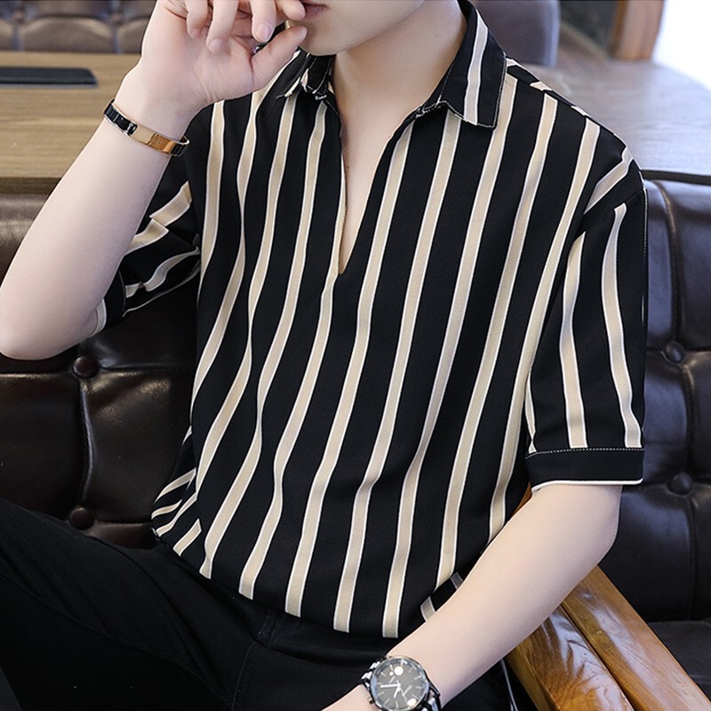 Striped Shirt Men's Short-Sleeved Summer Trendyy Loose Ice Silk V Neck Shirt Trendy Brand 5 Five-Point Mid-Sleeve Thin Jacket