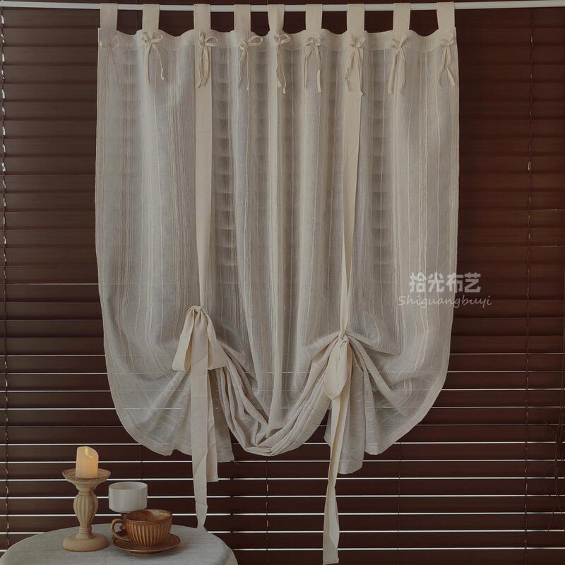 Cotton and Linen American Country-Style Window Sheer Curtain, Decorative Door Curtain, Artistic Retro Pull-Up Curtain, Tie-Back Curtain, Roman Blind, Room Divider