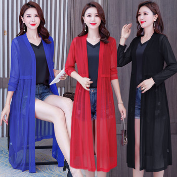 Cardigan ຜ້າໄຫມກ້ອນບາງໆຂອງແມ່ຍິງ summer ແຂນຍາວຕາຫນ່າງ sunscreen ຍາວບວກຂະຫນາດກະໂປງຫາດຊາຍ shawl ຍາວນອກໃສ່